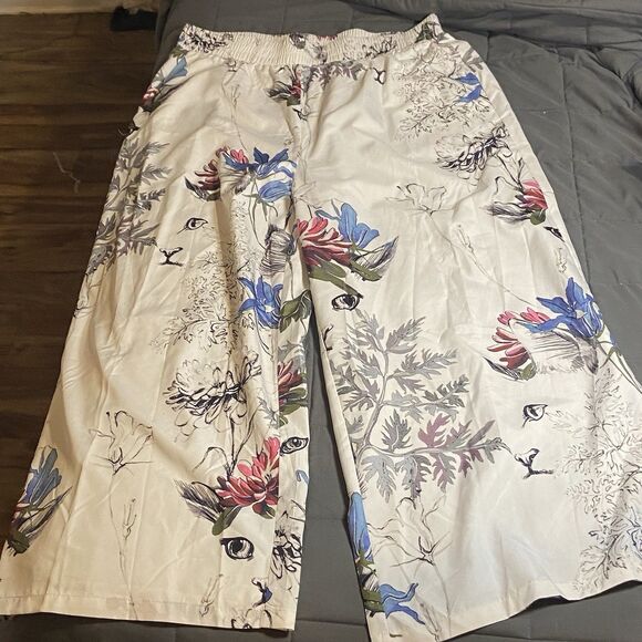 Wide Leg Floral Pants 3XL White with pockets elastic waist unbranded - Picture 1 of 4